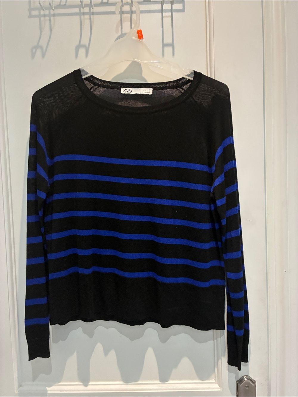 ZARA Black & Blue Striped Fine Knit Crewneck Sweater Small 👵MT